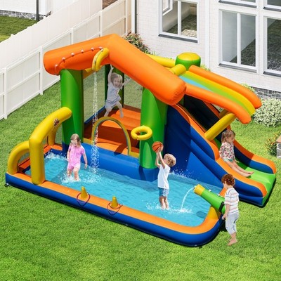 8-in-1 Kids Inflatable Bounce House Water Park Splash Pools Garden No Blower