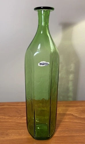 Rare Blenko #6613 6 Panel Olive Green Bottle. Joel Myers 16” Handblown Glass