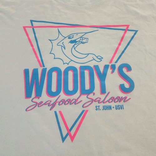 WOODYS SEAFOOD CROPPED SHIRT WOMENS LARGE ST JOHN USVI BLUE FISH RETRO BEACH NEW - Picture 2 of 6