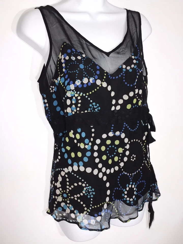 Camiseta sin mangas de seda Silkland con lazo correa ancha talla S negra multicolor forrada transparente Foto 3 de 4