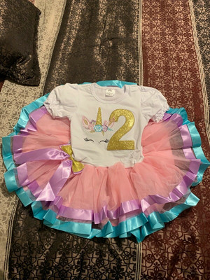 UNICORN Outfit 2 Second One Year Old Birthday Dress Party Puffy Sleeve