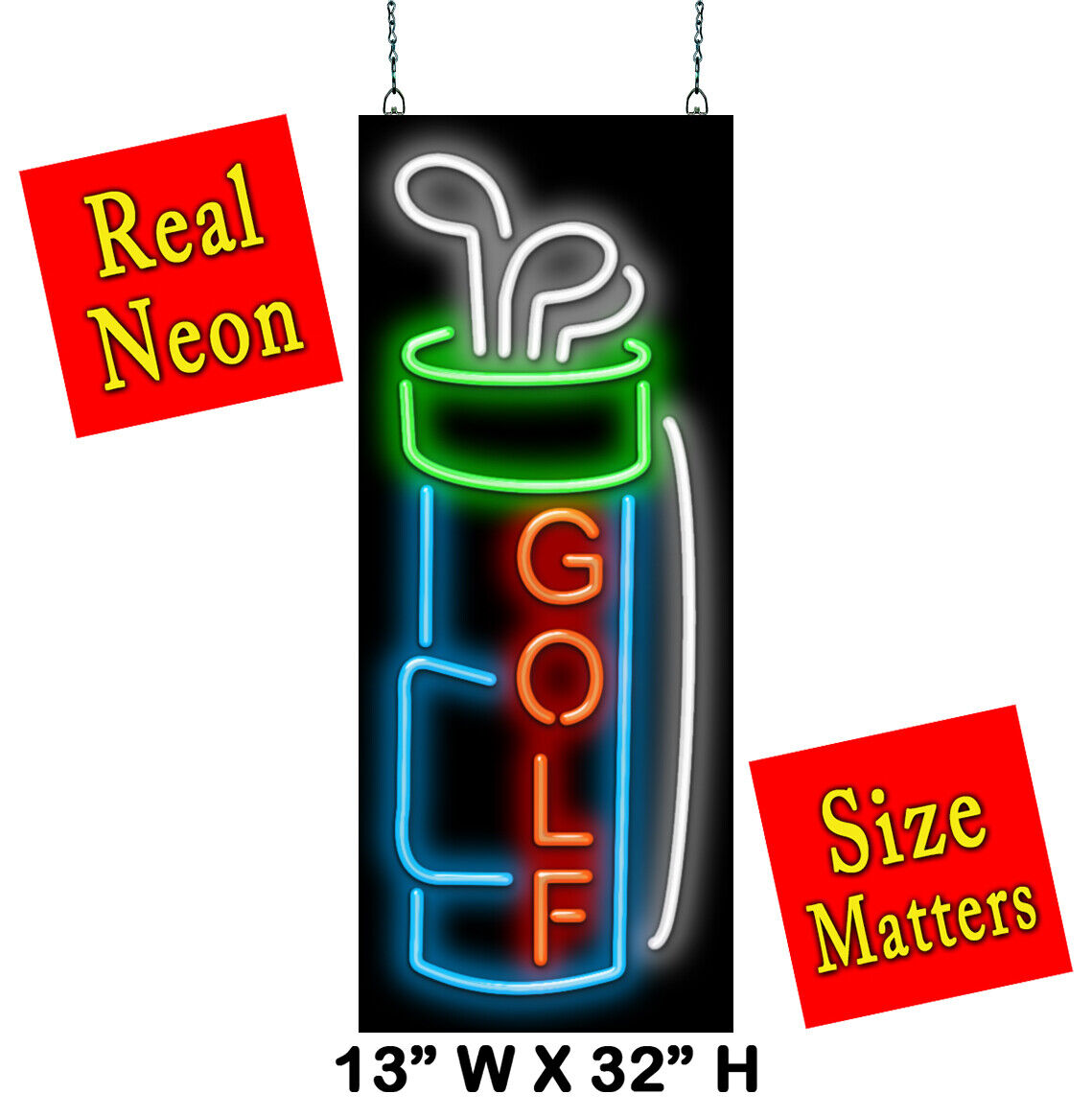 Golf With Gold Bag Neon Sign | Jantec | 13" x 32" | Driving Range Golf Supplies