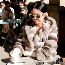 Fashion Women Real Rex Rabbit Fur Coats Chinchilla Jacket Winter Hooded Overcoat