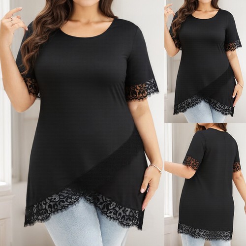 Plus Size Women's Lace Short Sleeve Tops Loose Fit Blouse Shirts Casual T-Shirts