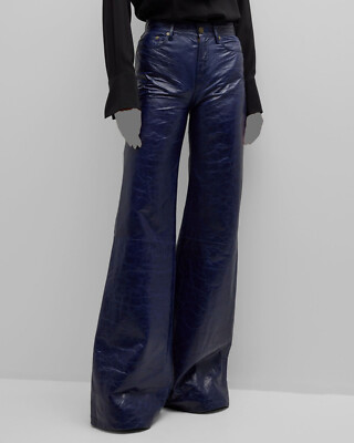 Frame Women's Blue Le Palazzo High-Rise Crinkle Leather Wide-Leg Pants Size  25