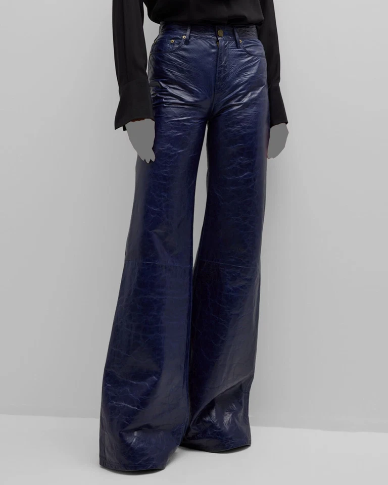 Pantalones para mujer Frame azul Le Palazzo tiro alto cuero arrugado pierna ancha talla 25