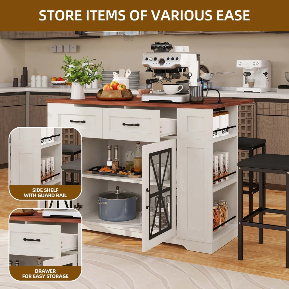 Large Kitchen Island w/ Storage Drop Leaf & 2 Bar Stools Portable Islands Table - Image 4 of 4