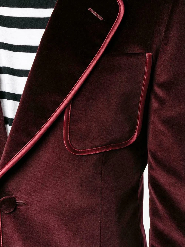 Chaqueta Blazer Abrigo Para Hombres Terciopelo Borgoña Fumar Lujo Ropa de Fiesta Boda Cena Foto 3 de 4