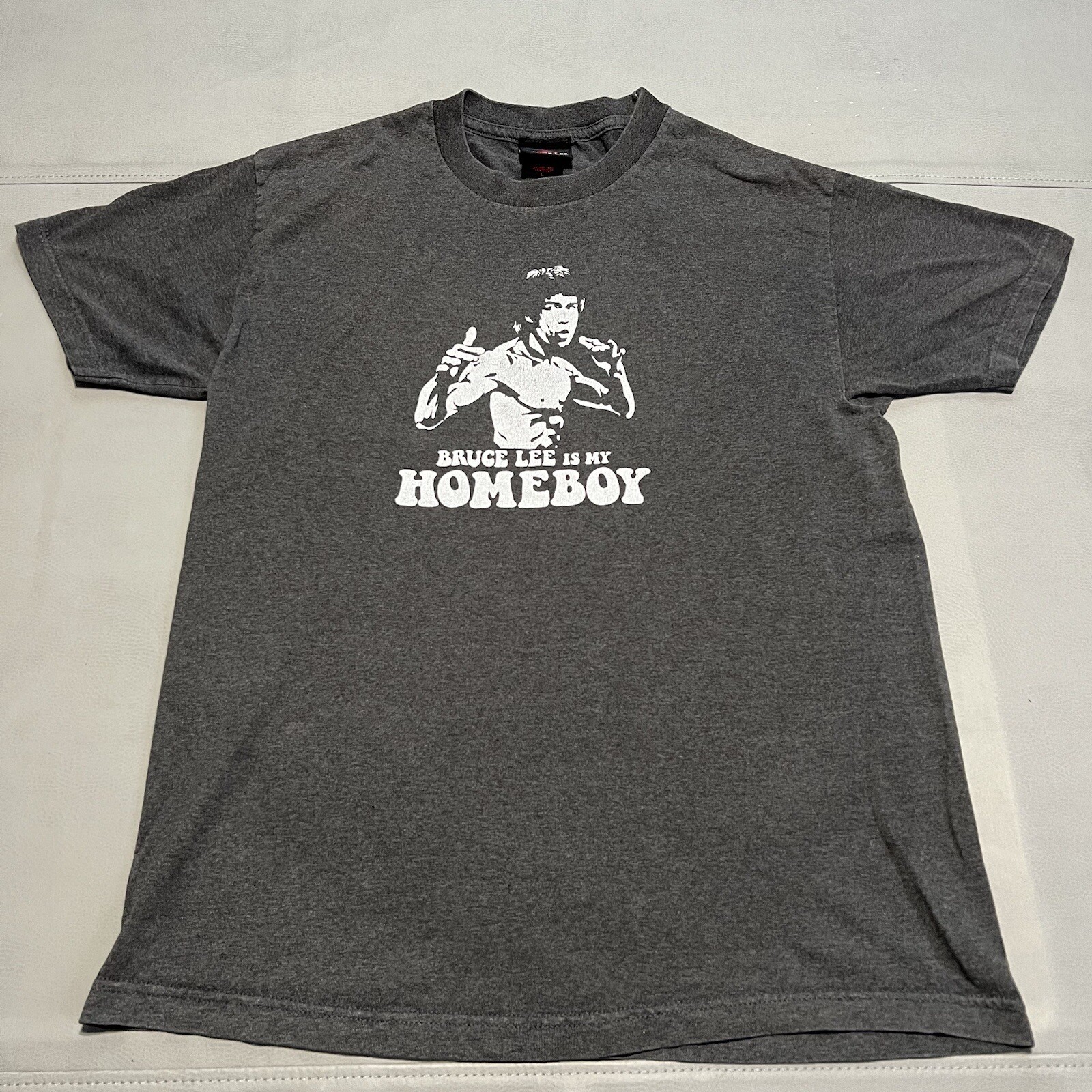 VTG Y2K Bruce Lee Is My Homeboy Grey Kung Fu Martial Art Skater T-Shirt-L-8730