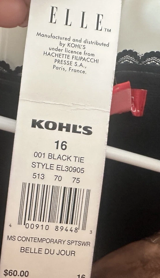 * NUEVO CON ETIQUETAS $60 ELLE Vestido Negro Corbata Belle Du Jour Encaje Sin Tirantes y Plisado Talla 16 Foto 3 de 4