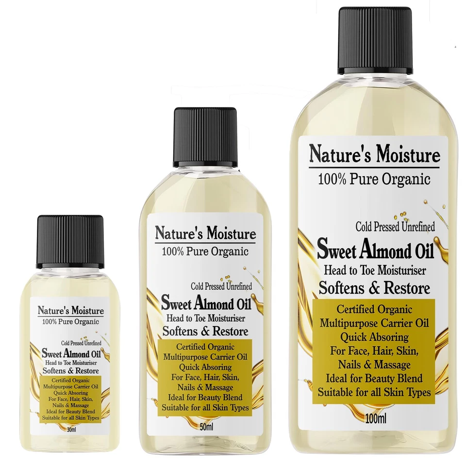 NATURE'S MOISTURE New Sweet Almond Oil Organic Cold Pressed Ideal for Massage Skin & Haircare DIY