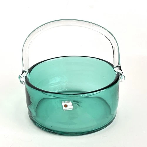 VTG Blenko Glass Pail Basket Hand Blown Art Glass Green Original Tag