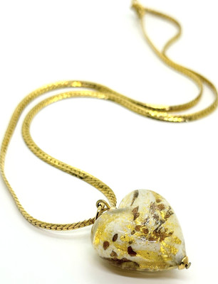 Venetian Glass Gold Foil Puffy Heart Pendant Gold Tone 18'' Chain Necklace
