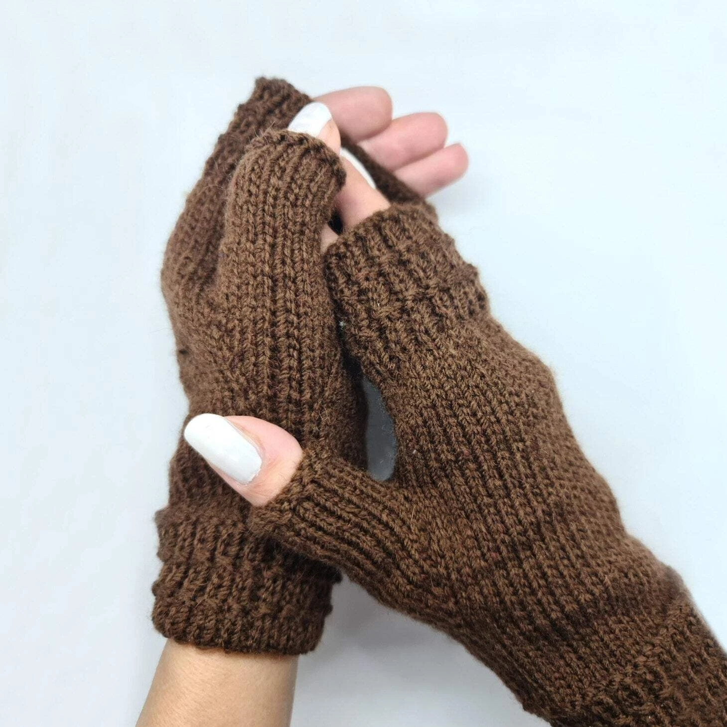 Brown Wool Blend Fingerless Gloves