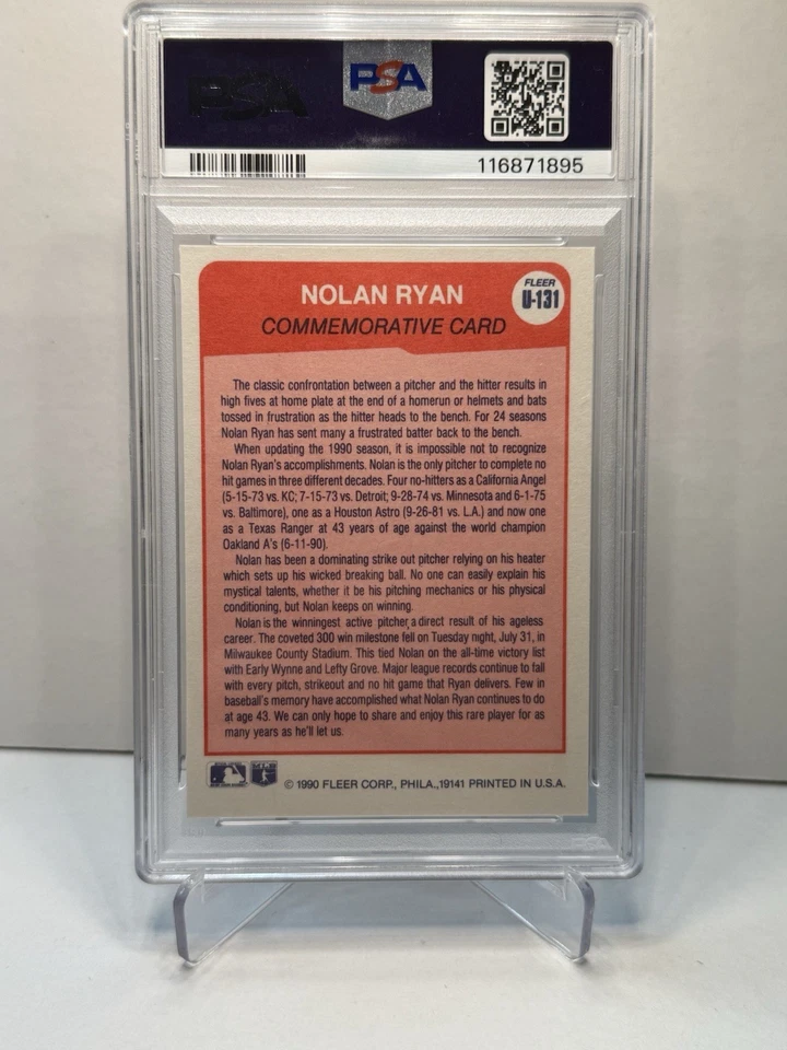 Nolan Ryan 1990 Fleer Update 3 Decades of No Hitters Card #U-131 Graded PSA 10 - Image 2 of 2
