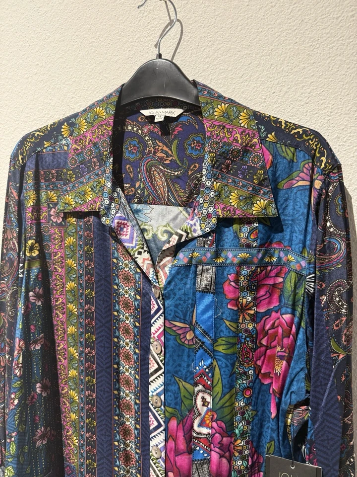 Nuevo Top de cachemira floral sedoso manga enrollable XL John Mark para mujer Foto 4 de 4