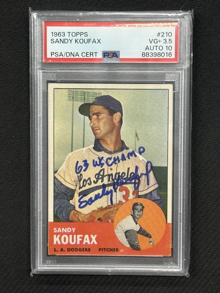 Sandy Koufax 1963 Topps Hand Signed 63 WS Champ Inscribed PSA 3.5 Auto 10 #210