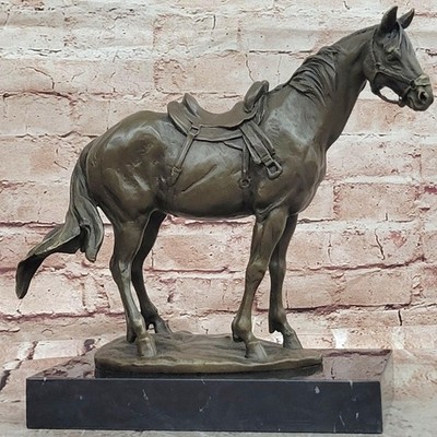 Classical Bronze Saddled Horse Sculpture with Marble Base