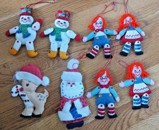 Vtg Bucilla lot of 8 Handmade Felt  Sequins Ornaments Snowman Santa Raggedy A