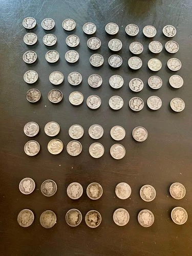 dimes  65 ( sixty - five) silver dimes Roosevelt Barber and Mercury