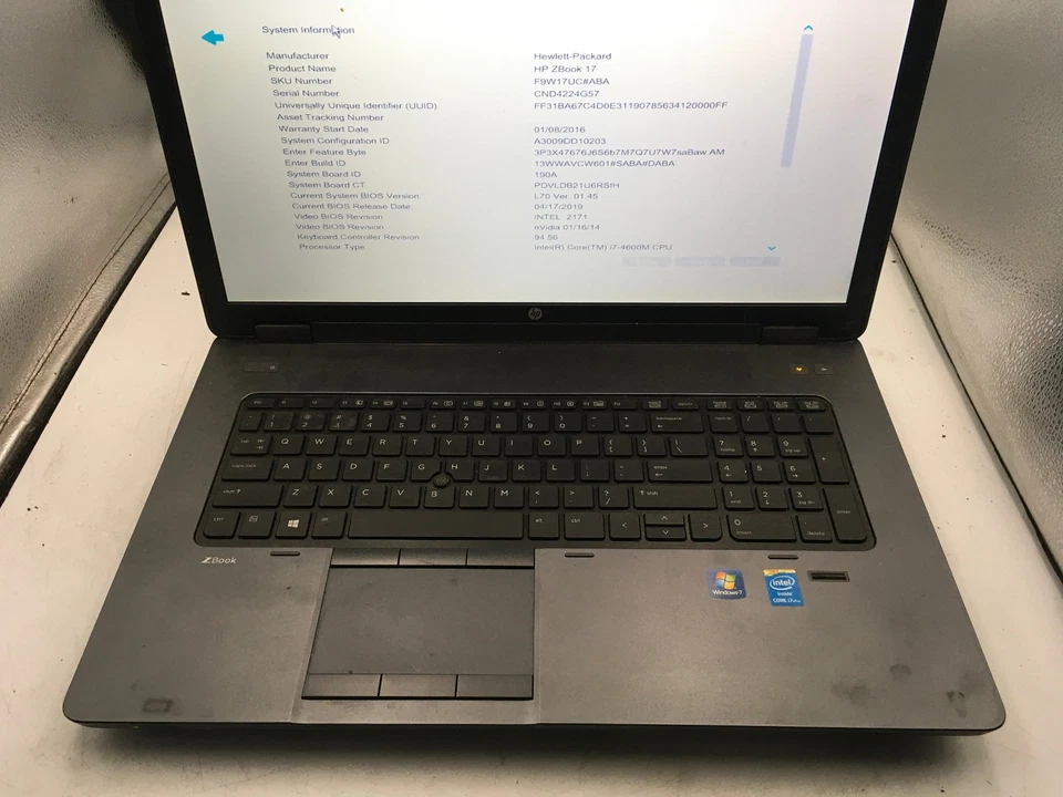 HP ZBOOK 17 - BOOTS TO BIOS - INTEL I7 4600M - 4GB RAM - 17" - READ DESCRIP - BB - Image 3 of 4