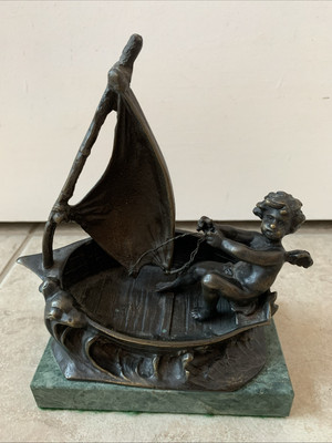 Cupid In A Sailboat SIGNED By Louis Auguste Moreau Art Nouveau Bronze Sculpture