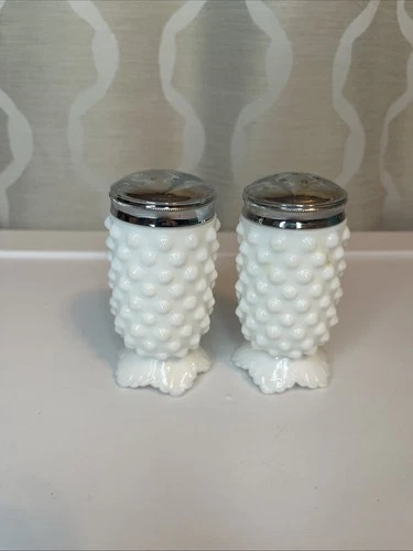 Vintage Fenton Hobnail Milk Glass Salt And Pepper Shakers Footed