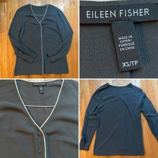 Eileen Fisher 278 Graphite Gray Silk Georgette Crepe V-Neck Button Top XS NWOT
