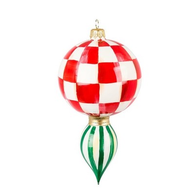 MACKENZIE CHILDS CHECK IT OUT DROP CHRISTMAS ORN Red Chk/Green Stripe BNIB