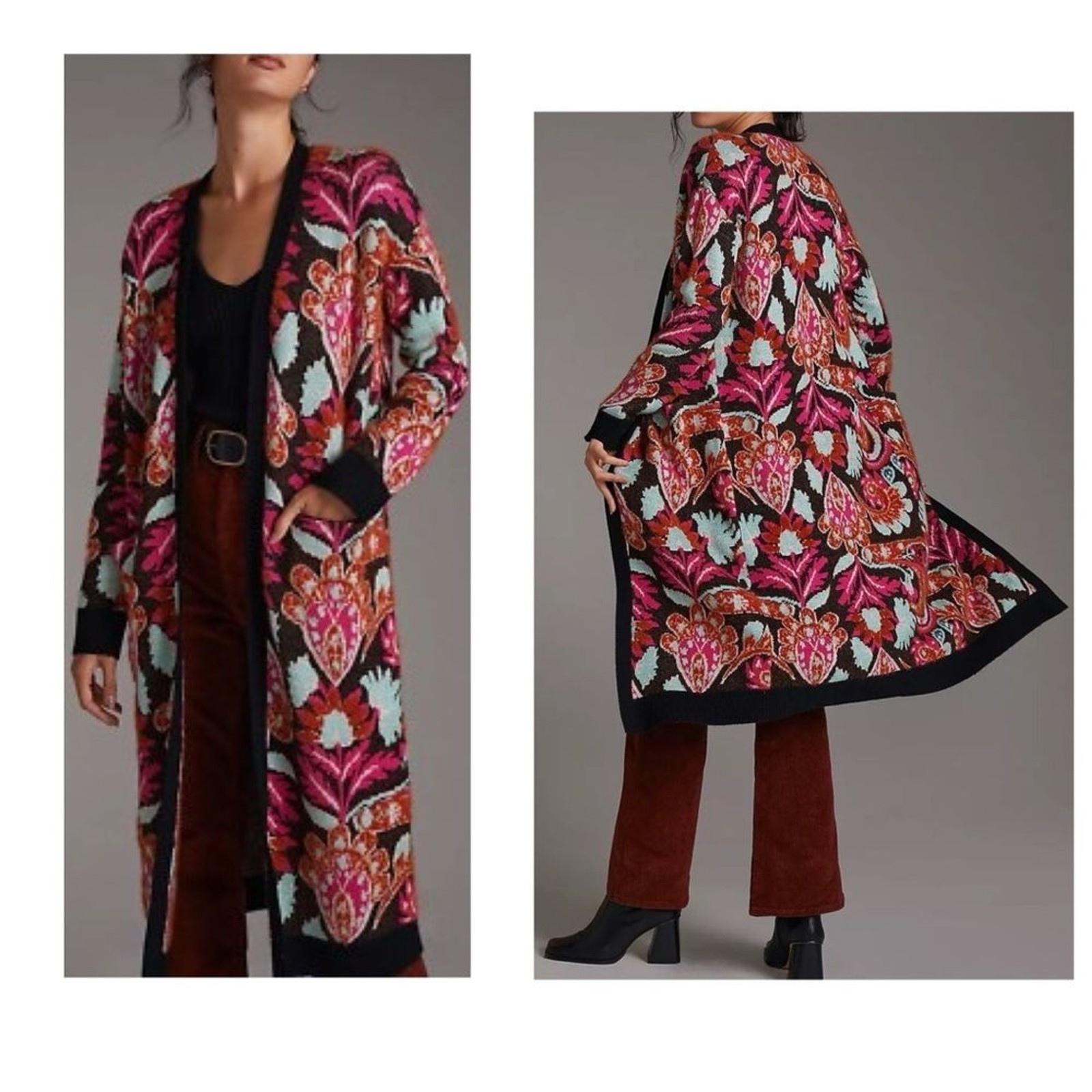 Anthropologie Patterned Duster long Cardigan with front pockets size XS