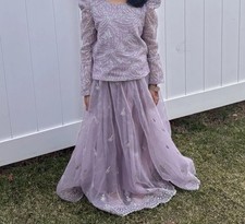 Handmade Girls Purple Lengha Set Long Sleeve Top Skirt Dupatta Tulle One Size