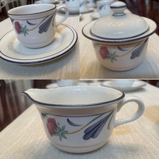 Lenox Poppies on Blue 5 Cup & Saucer Sets + Sugar & Creamer – Vintage 1990s