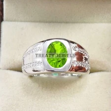 Peridot Oval Cut Gemstone With 925 Sterling Silver Ring For Men's #B479 *
