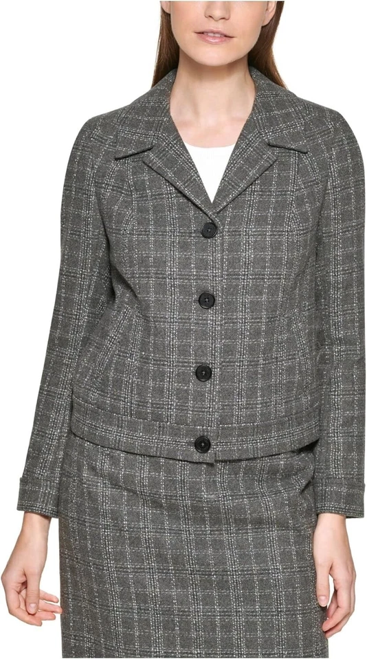 Calvin Klein Blazer 夹克女式 14 灰色格子羊毛混纺纽扣缺口翻领 — 第 2/4 张图片