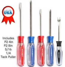 5 PIECE - Husky Screwdriver Set, 2 Philips, 2 Flat Head, w/ free Tack puller