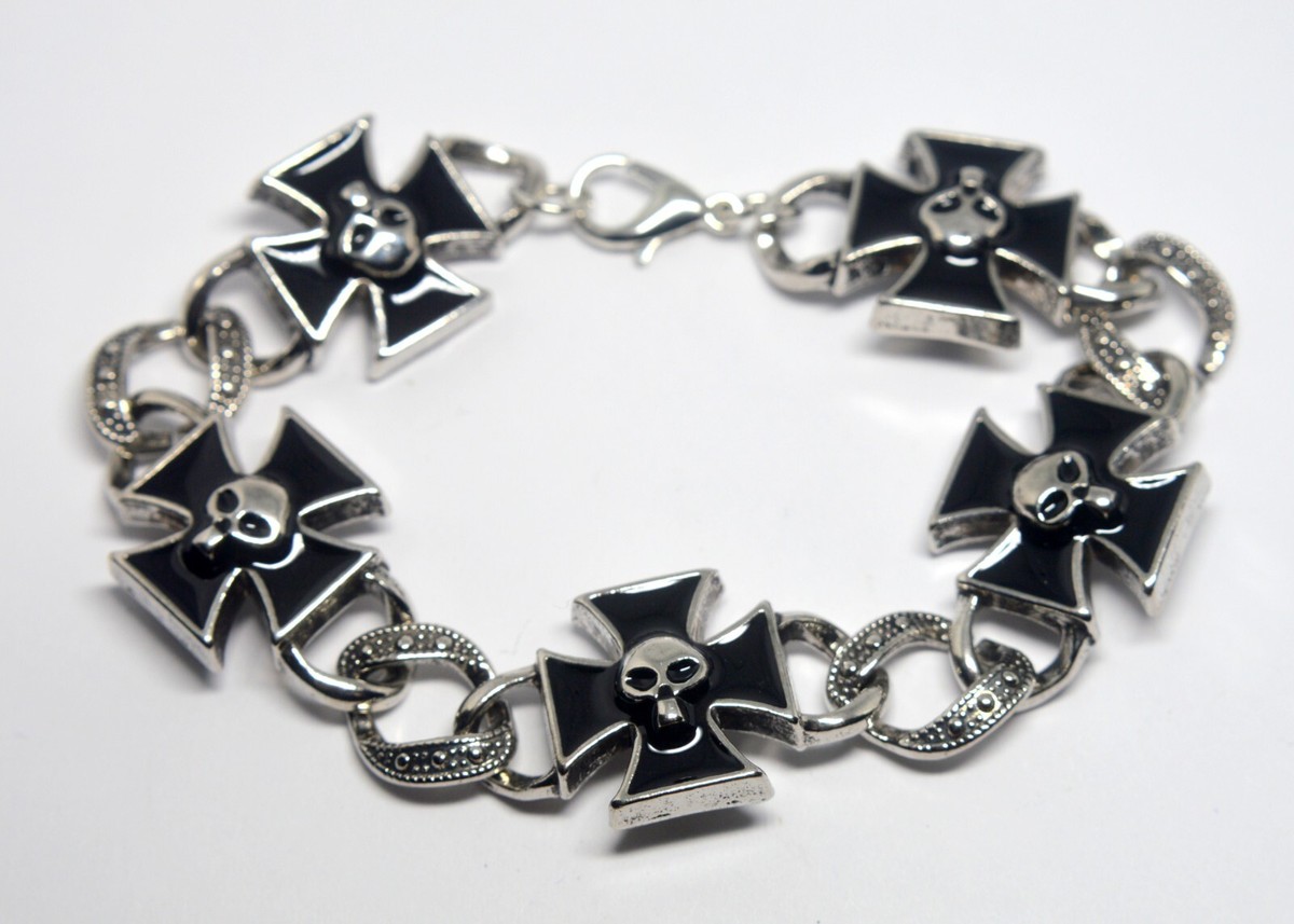 POWERFUL MEN'S BLACK ENAMELED IRON CROSS & SKULL BRACELET | eBay