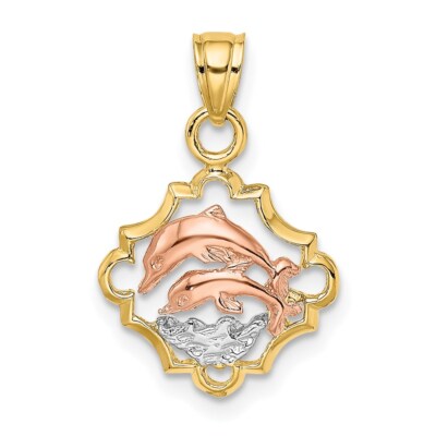 14k Gelb & Rotgold mit Rhodium Doppel Delfine im Rahmen Anhänger