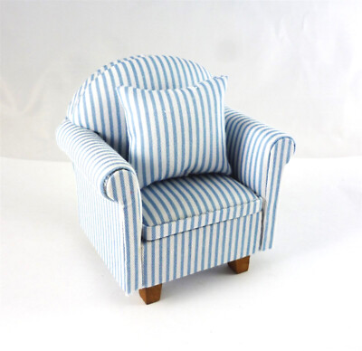  Dollhouse Miniature Overstuffed Armchair, Blue Stripe, CLA10950
