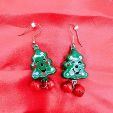 Christmas Tree Jingle Bell Earrings Green Smiling Tree/Red Bells/Earwires/Cute 