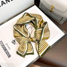 100% Pure Silk Rectangle Scarf Women Neckerchief Vintage Striped Tied 150*15cm