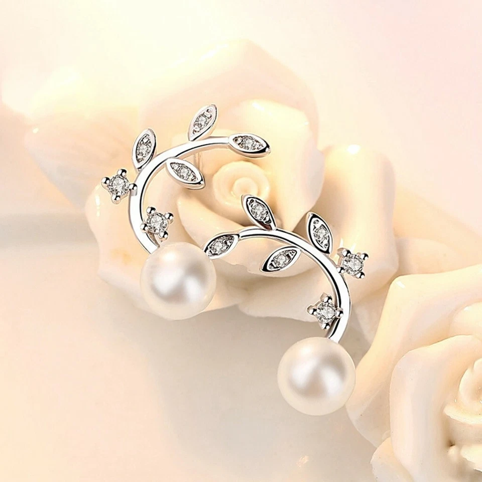 Moda Mujeres 925 Plata Esterlina Pendientes Perlas Cristal Hoja Flores Tachuela 1305 Foto 3 de 4