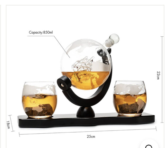 The Wine Savant Globe World Whiskey Decanter Set Mahogany Wood 2 Globe Glasses