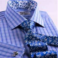 Blue Checkered Formal Business Shirt With Floral Inner Lining Top Quality
