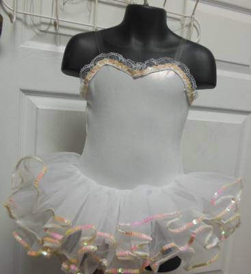  Dance Costume White shiny leotard attached tutu sequin edge Extra small ch