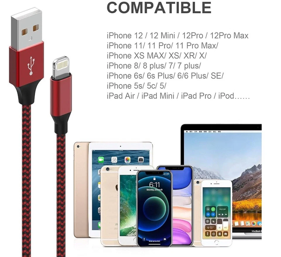 [Apple MFi Certified] 6Pack 3/3/6/6/6/10 FT iPhone Charger Nylon Braided Fast... - Image 4 of 4