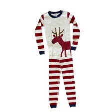 Hanna Andersson Reindeer Stripe Red, Blue Cream Long John Pajama Set Size 10