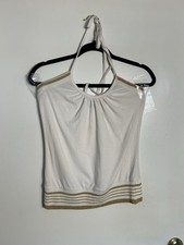 Vtg Twenty One Y2K White Halter Top Gold Metallic Trim Made in USA