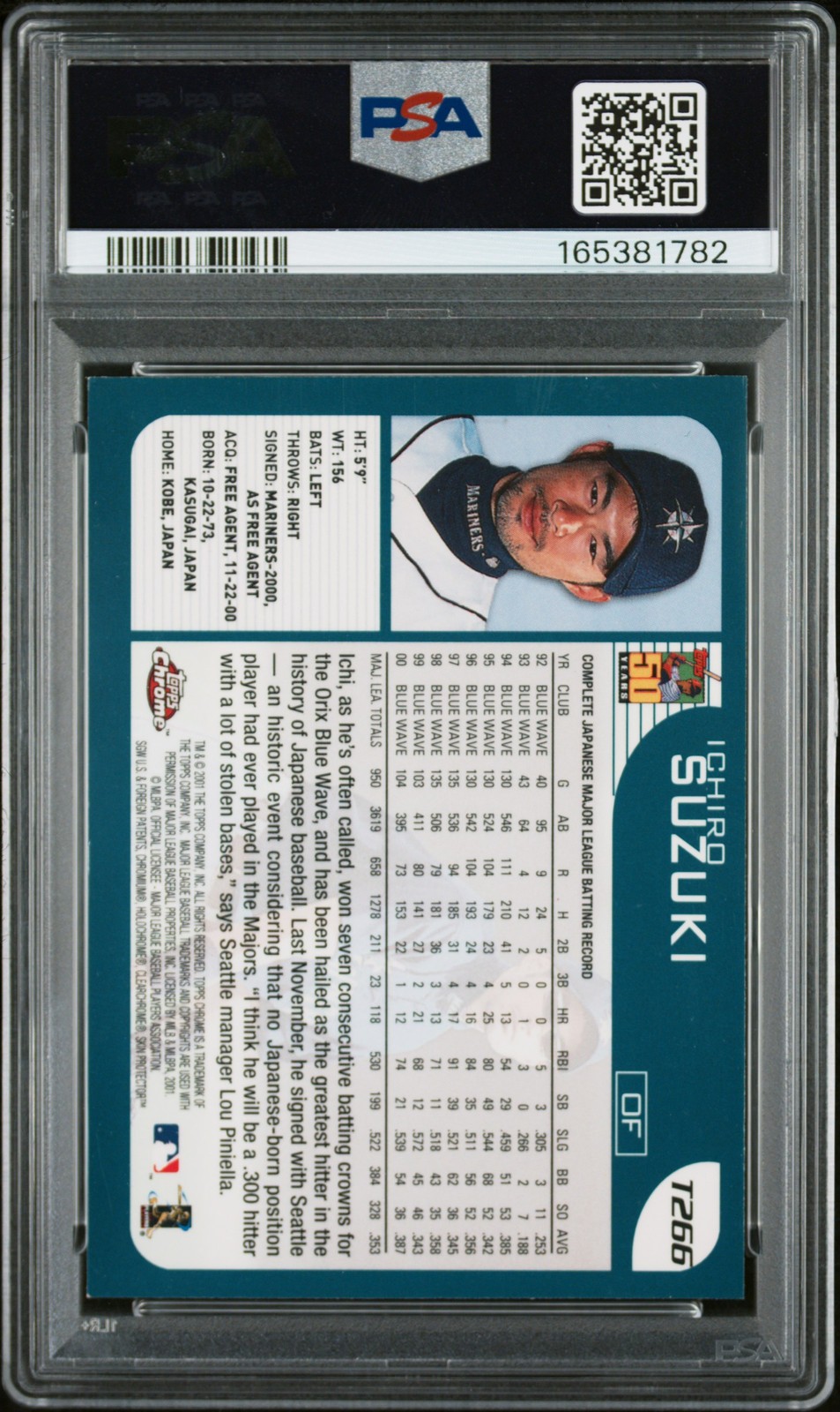 2001 TOPPS CHROME TRADED #T266 ICHIRO SUZUKI ROOKIE RC PSA 7 view 2