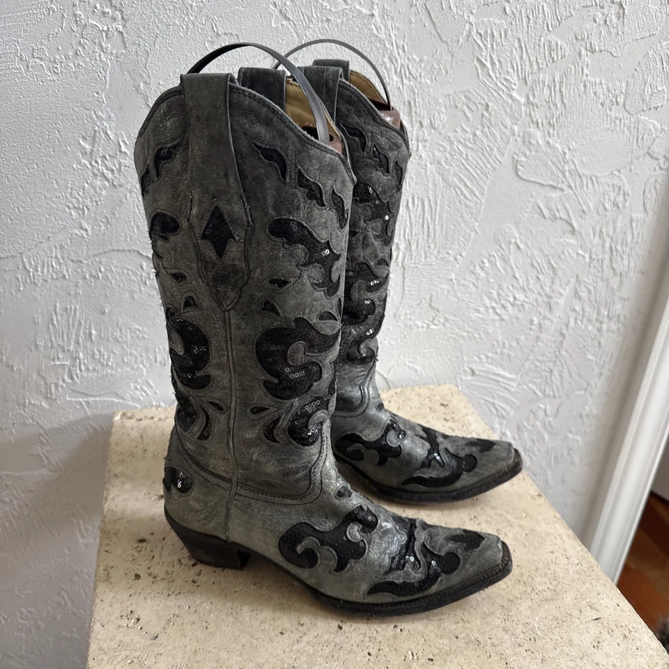 Corral Women's CARMEN A1065 Black Gray Sequins Inlay Leather Cowboy boots 7.5 M - Image 3 of 4