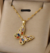 Womens Necklace Multicolor Butterfly Pendant Gold Plated Stainless Steel Jewelry